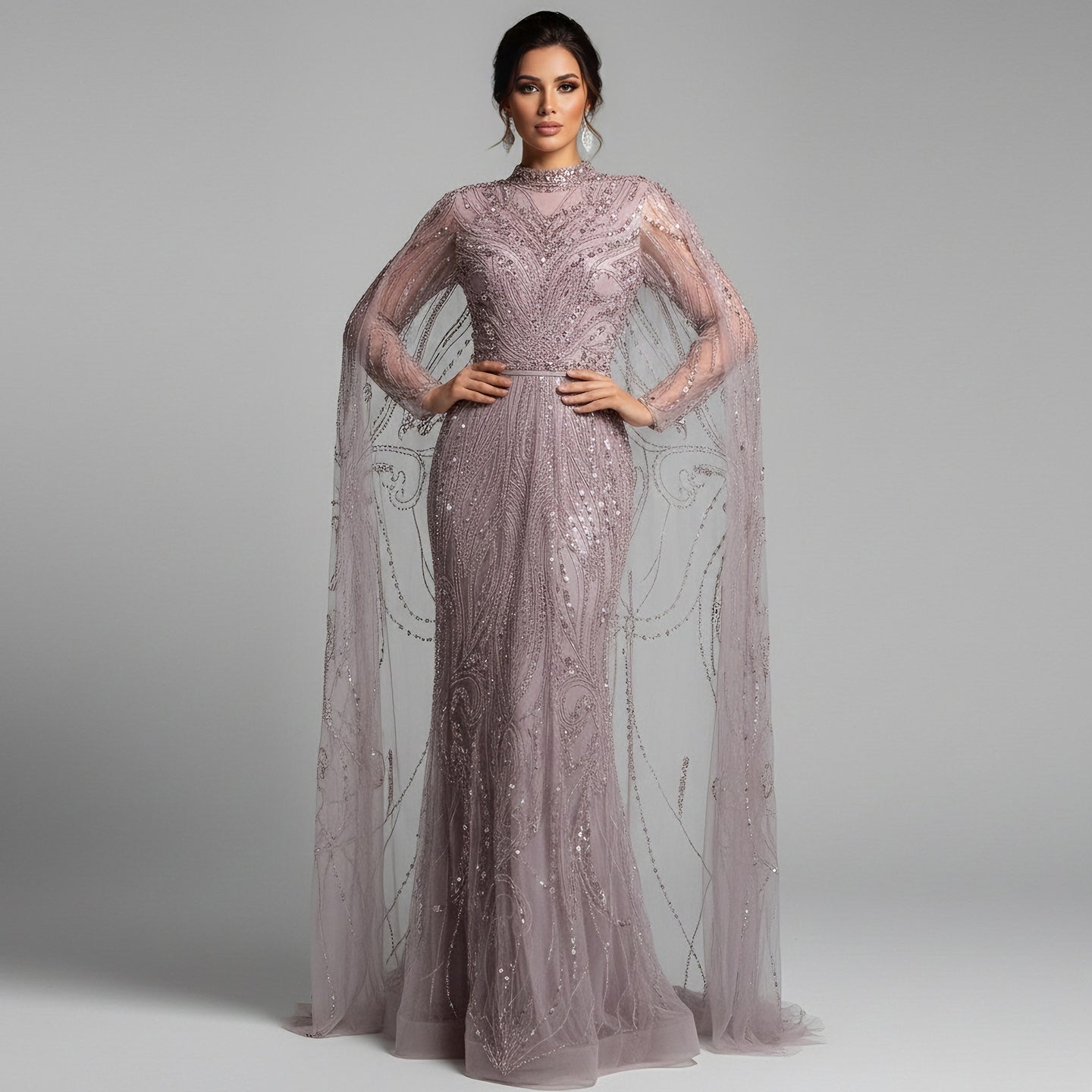 Luxury Sliver Hijab Modest Muslim Beaded Evening Dress LA73215