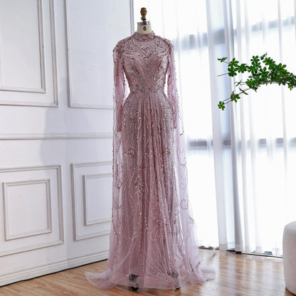 Luxury Sliver Hijab Modest Muslim Beaded Evening Dress LA73215