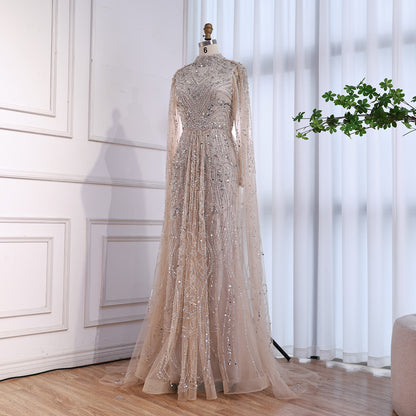 Luxury Sliver Hijab Modest Muslim Beaded Evening Dress LA73215