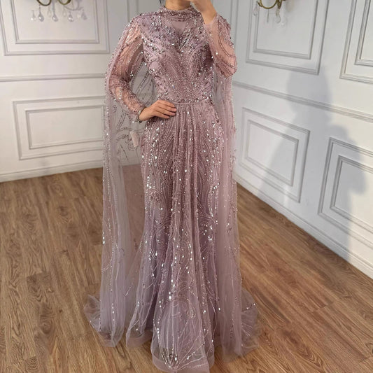 Luxury Sliver Hijab Modest Muslim Beaded Evening Dress LA73215