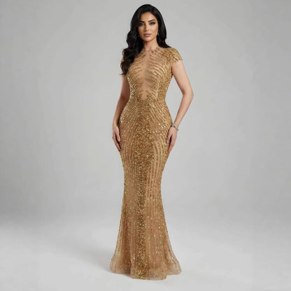 Luxury Saudi Arabic Gold Beaded Mermaid Evening Dress LA73221