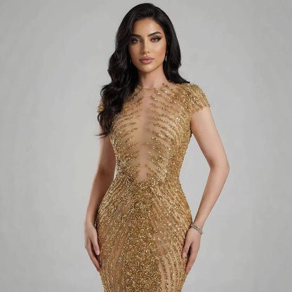 Luxury Saudi Arabic Gold Beaded Mermaid Evening Dress LA73221