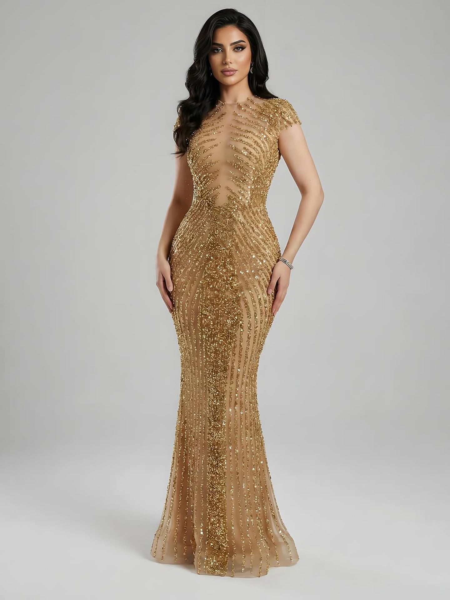 Luxury Saudi Arabic Gold Beaded Mermaid Evening Dress LA73221