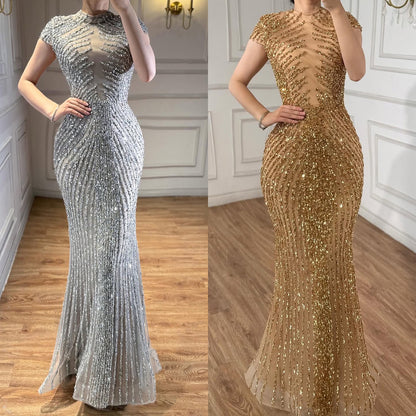 Luxury Saudi Arabic Gold Beaded Mermaid Evening Dress LA73221
