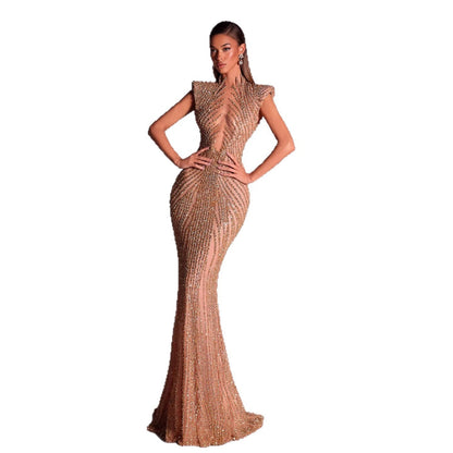 Luxury Saudi Arabic Gold Beaded Mermaid Evening Dress LA73221