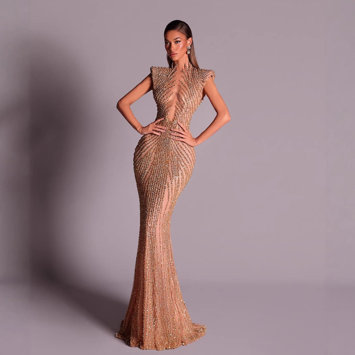 Luxury Saudi Arabic Gold Beaded Mermaid Evening Dress LA73221