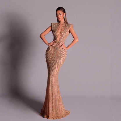 Luxury Saudi Arabic Gold Beaded Mermaid Evening Dress LA73221