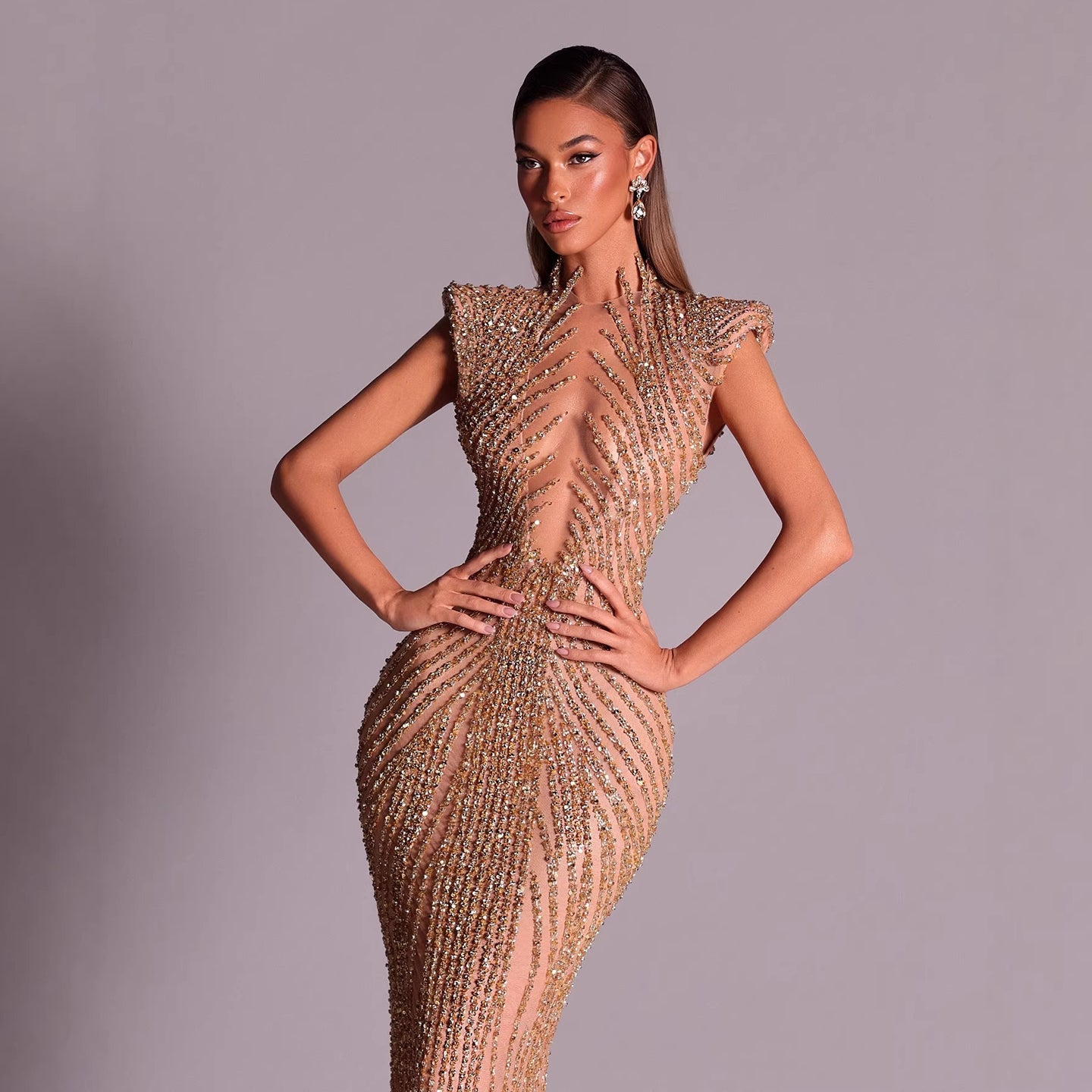 Luxury Saudi Arabic Gold Beaded Mermaid Evening Dress LA73221