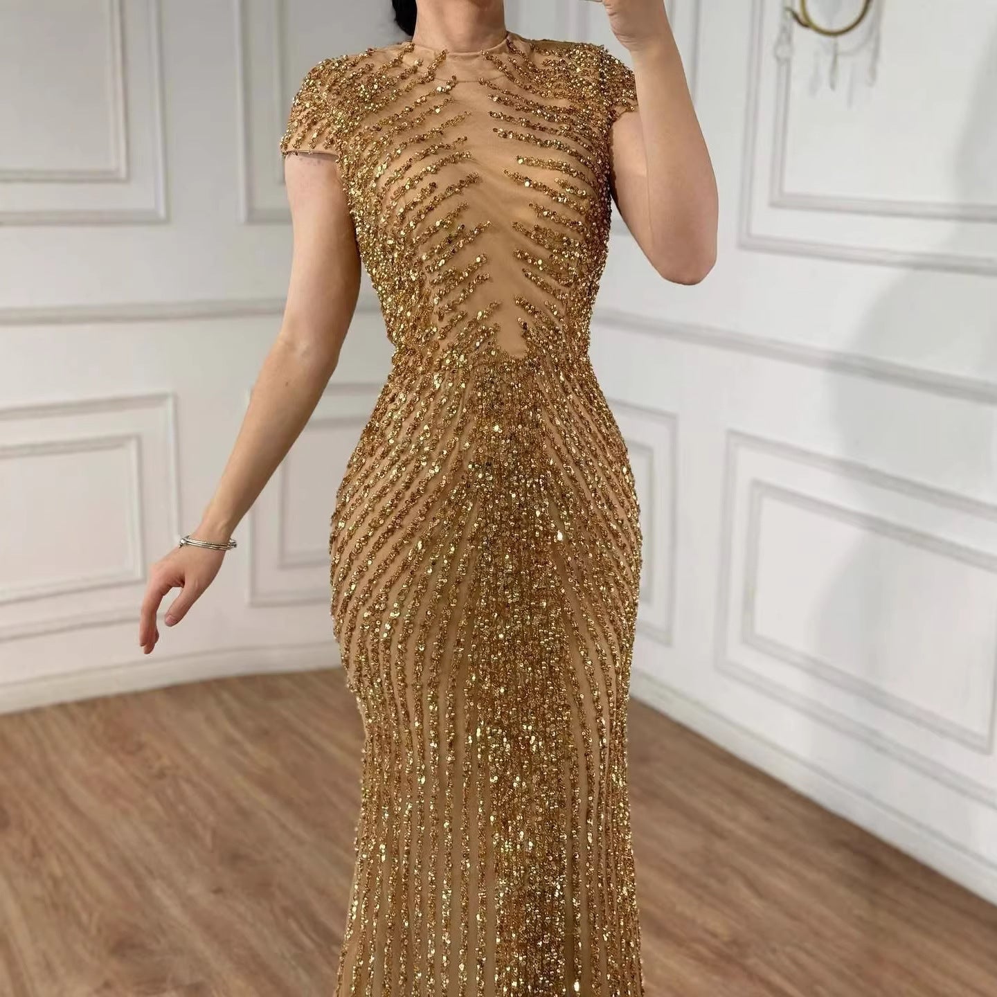 Luxury Saudi Arabic Gold Beaded Mermaid Evening Dress LA73221