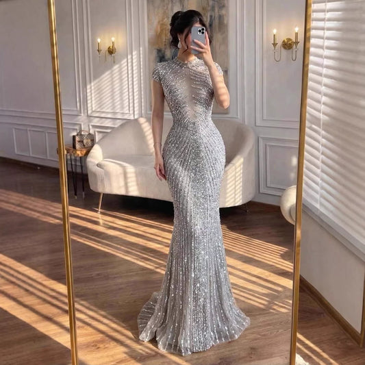 Luxury Saudi Arabic Gold Beaded Mermaid Evening Dress LA73221