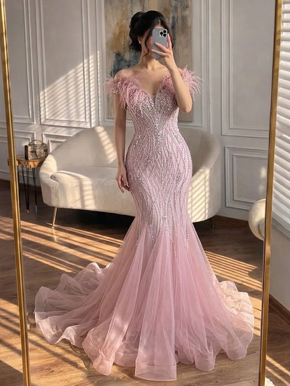 Luxury Nude Feather Beaded Mermaid Off Shoulder Evening Dress LA73223