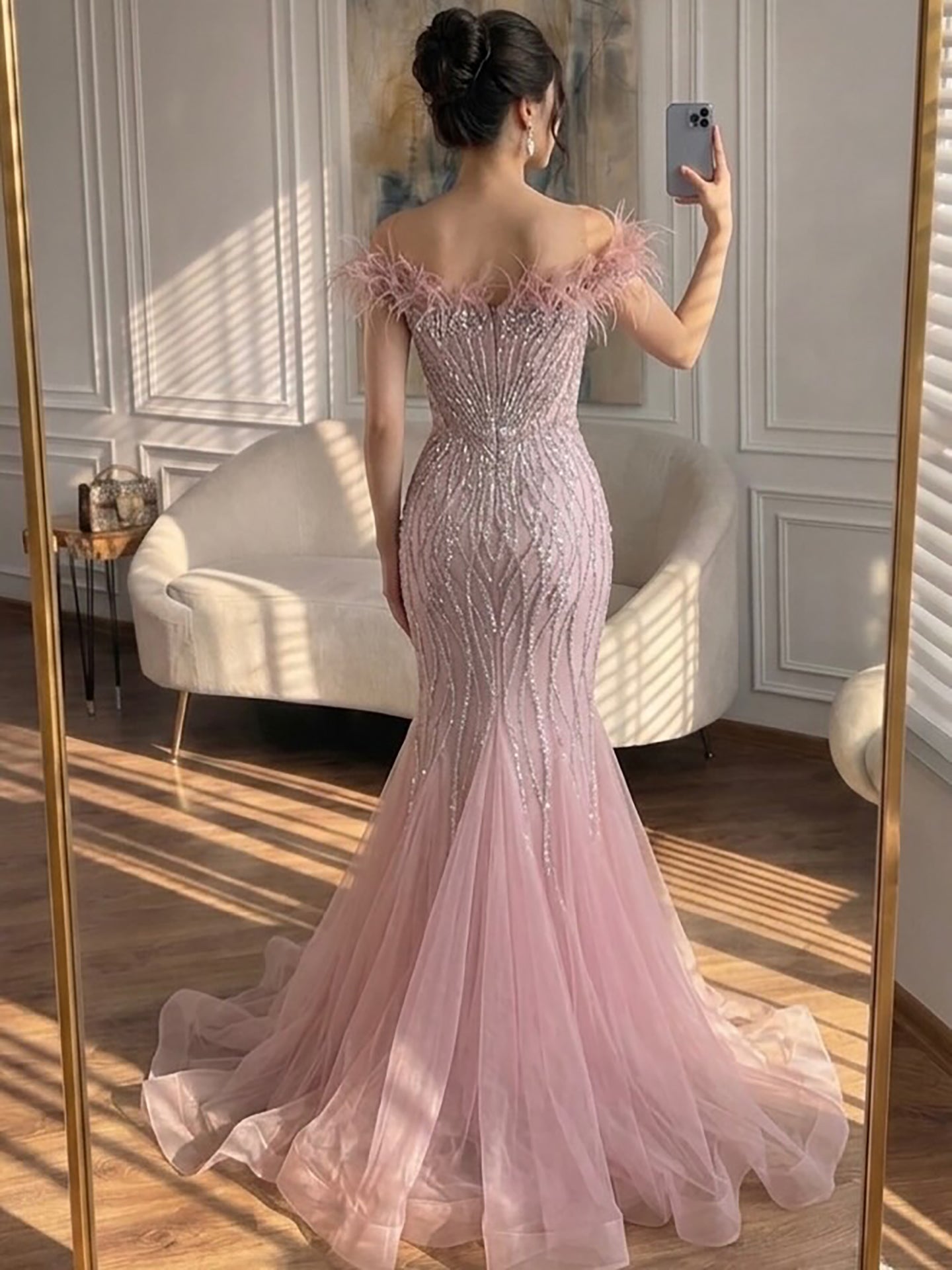 Luxury Nude Feather Beaded Mermaid Off Shoulder Evening Dress LA73223