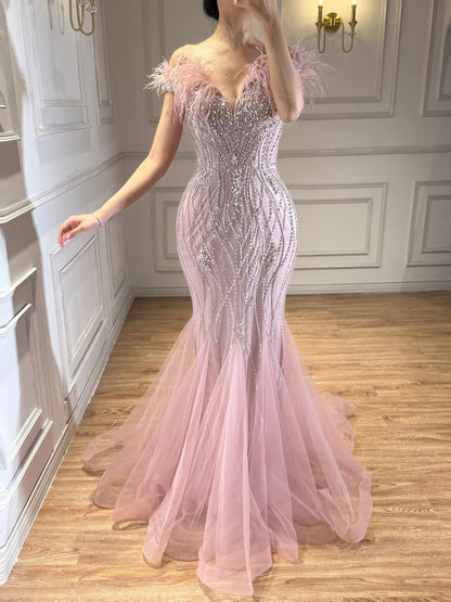 Luxury Nude Feather Beaded Mermaid Off Shoulder Evening Dress LA73223
