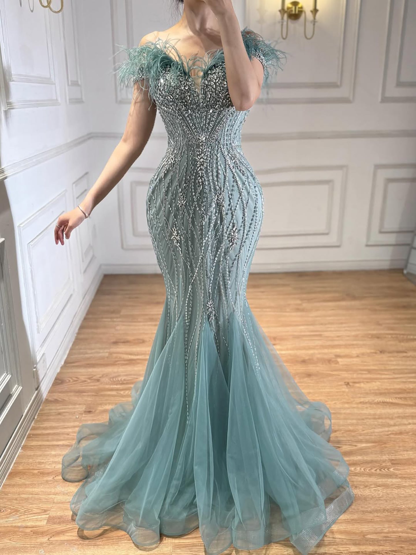 Luxury Nude Feather Beaded Mermaid Off Shoulder Evening Dress LA73223