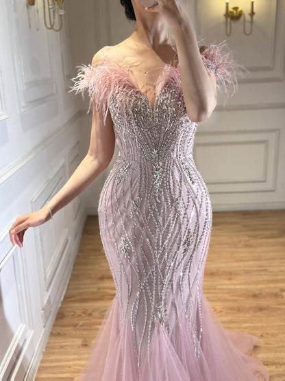 Luxury Nude Feather Beaded Mermaid Off Shoulder Evening Dress LA73223