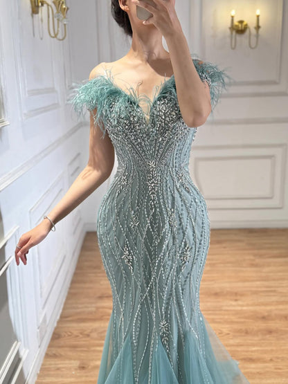 Luxury Nude Feather Beaded Mermaid Off Shoulder Evening Dress LA73223