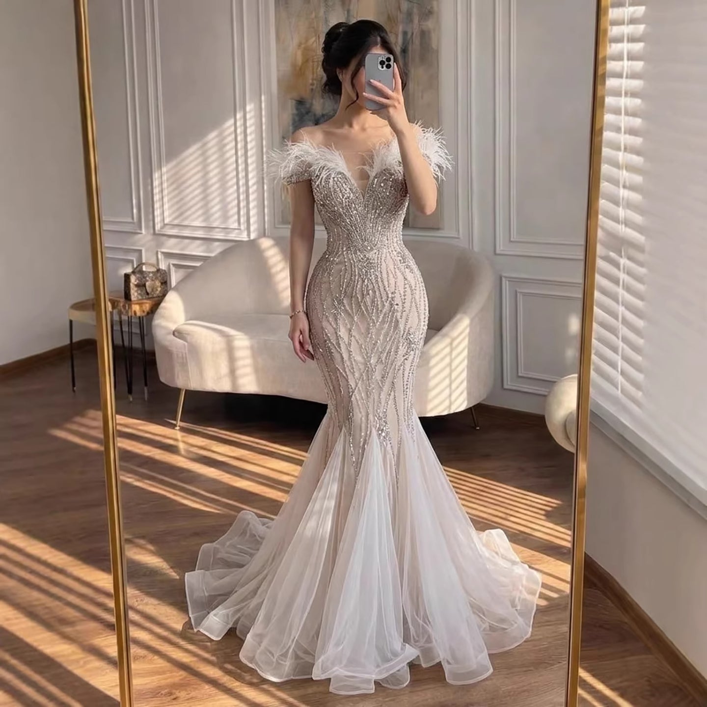 Luxury Nude Feather Beaded Mermaid Off Shoulder Evening Dress LA73223