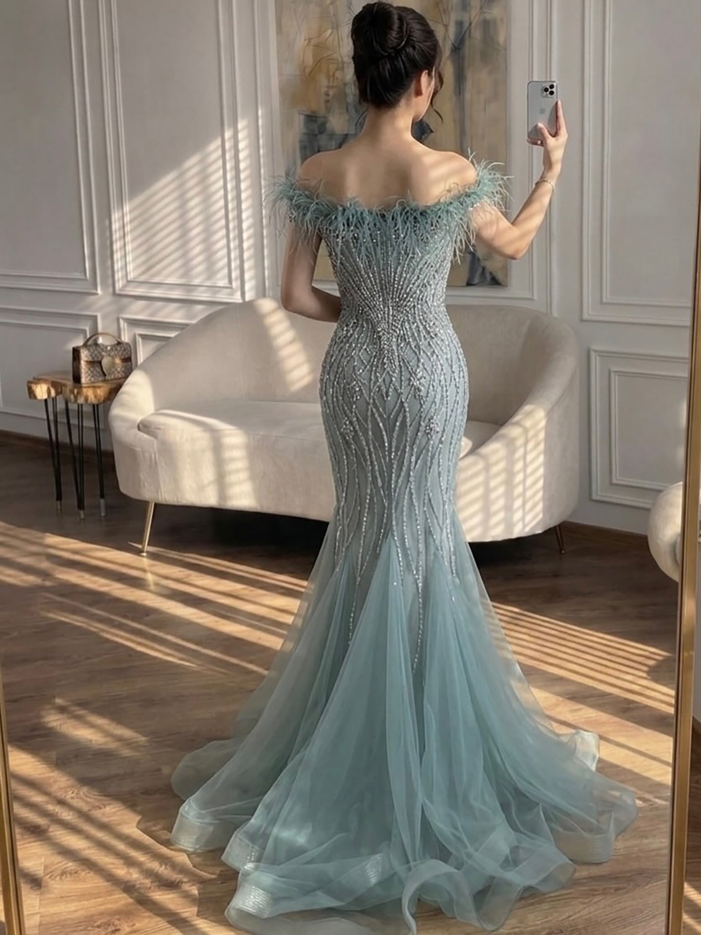 Luxury Nude Feather Beaded Mermaid Off Shoulder Evening Dress LA73223