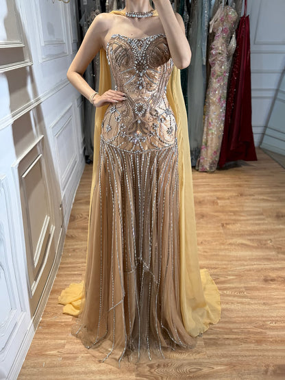 Luxury Gold Diamond Evening Dress with Cape for Wedding Party LA73224