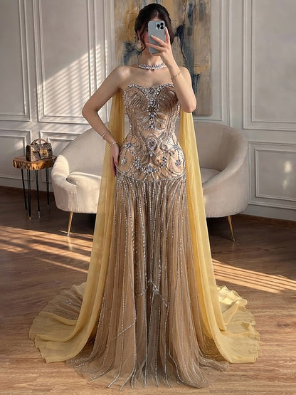 Luxury Gold Diamond Evening Dress with Cape for Wedding Party LA73224