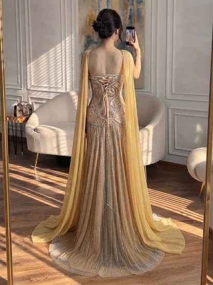 Luxury Gold Diamond Evening Dress with Cape for Wedding Party LA73224