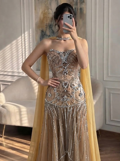 Luxury Gold Diamond Evening Dress with Cape for Wedding Party LA73224