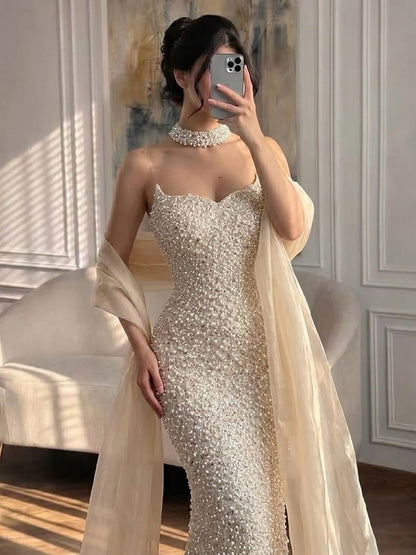 Luxury Beige Pearl Beaded Spaghetti Strap Mermaid Dress LA73225A