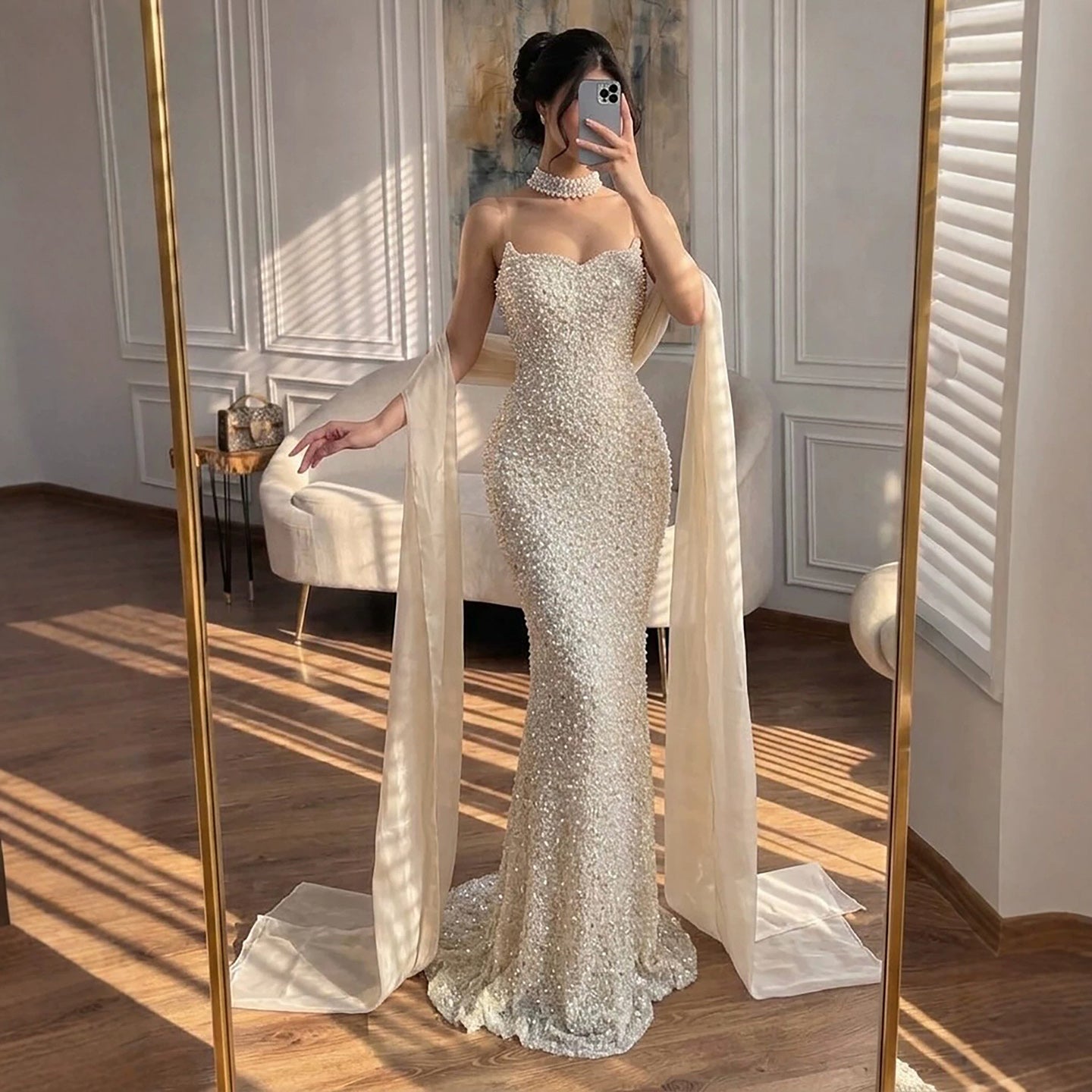 Luxury Beige Pearl Beaded Spaghetti Strap Mermaid Dress LA73225A