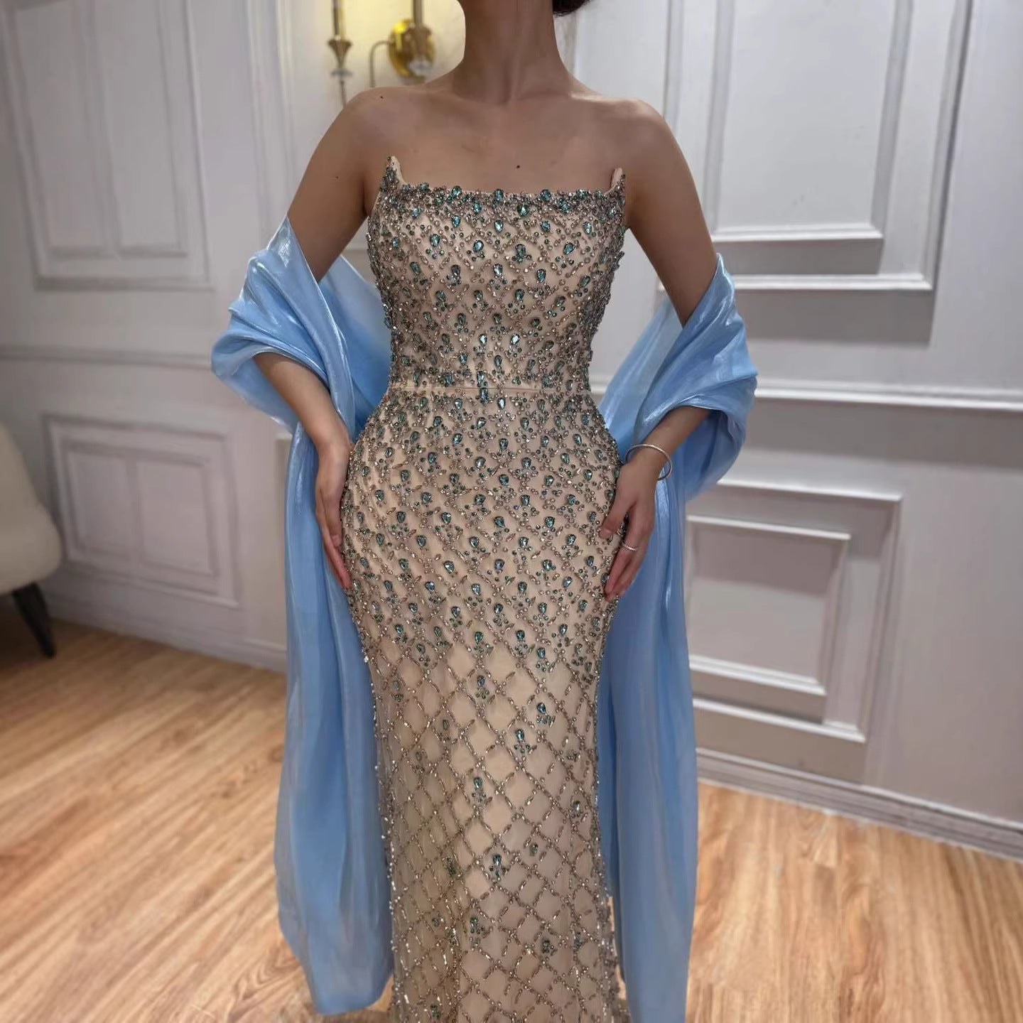Luxury Blue Diamond Evening Dress with Cape Gown for Wedding Party LA73226