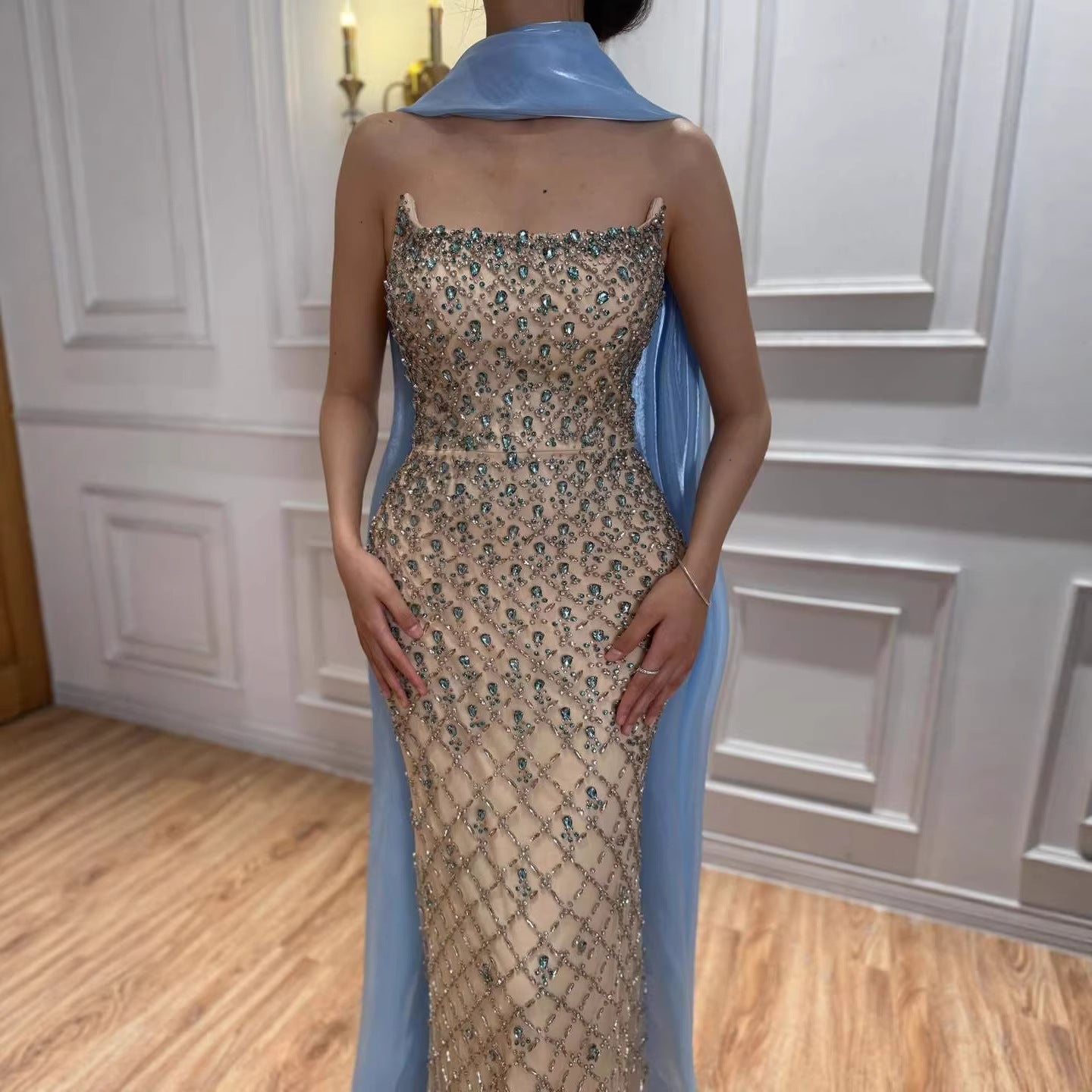 Luxury Blue Diamond Evening Dress with Cape Gown for Wedding Party LA73226