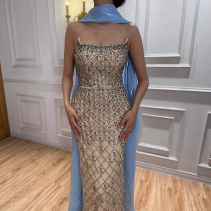 Luxury Blue Diamond Evening Dress with Cape Gown for Wedding Party LA73226