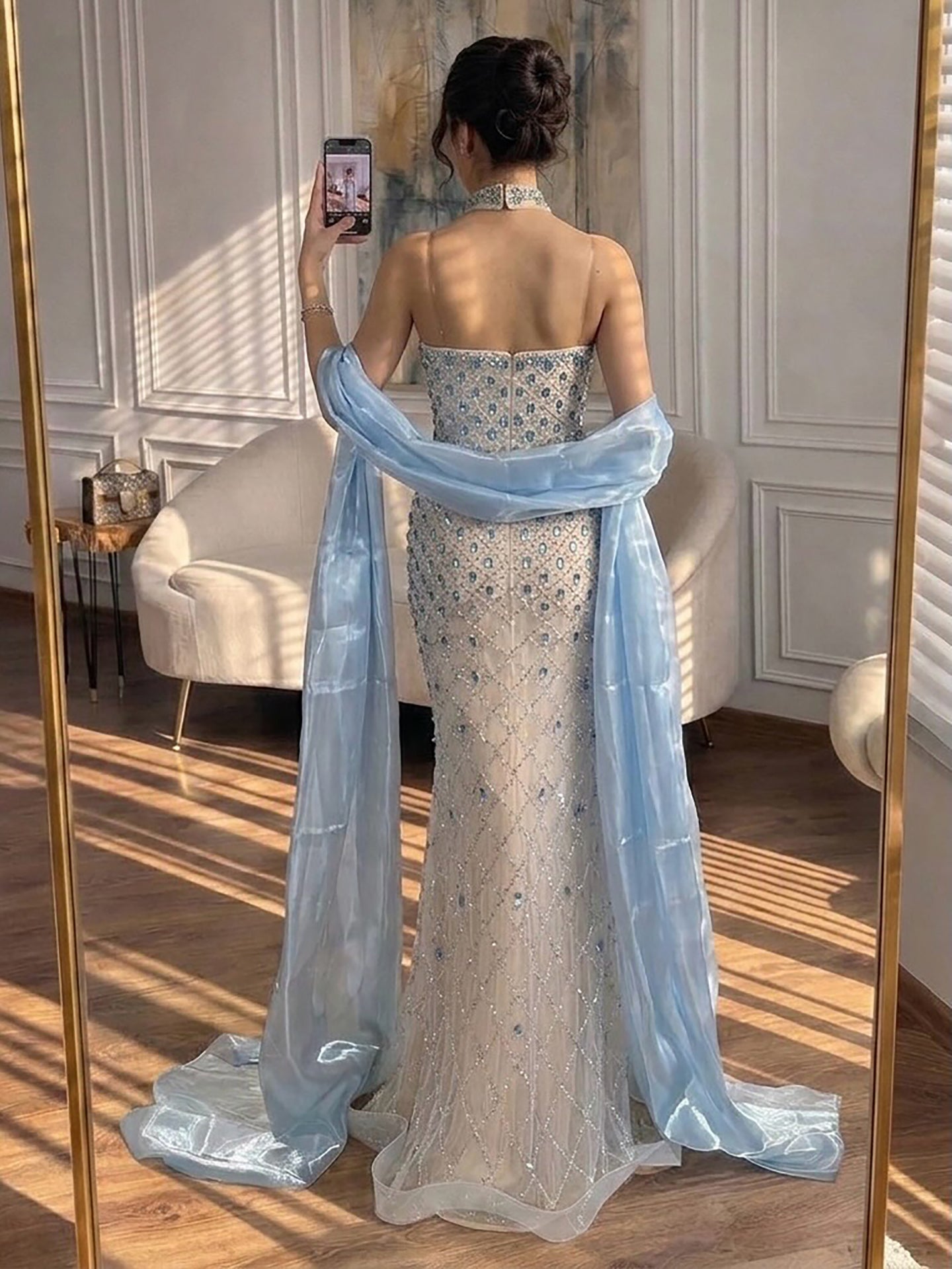 Luxury Blue Diamond Evening Dress with Cape Gown for Wedding Party LA73226