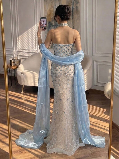 Luxury Blue Diamond Evening Dress with Cape Gown for Wedding Party LA73226