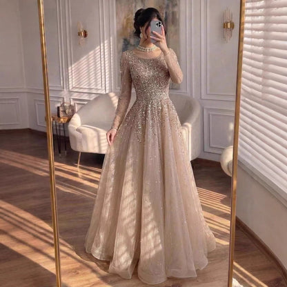 Luxury Nude Long Sleeve Illusion Beaded A-Line Evening Dress LA73269A