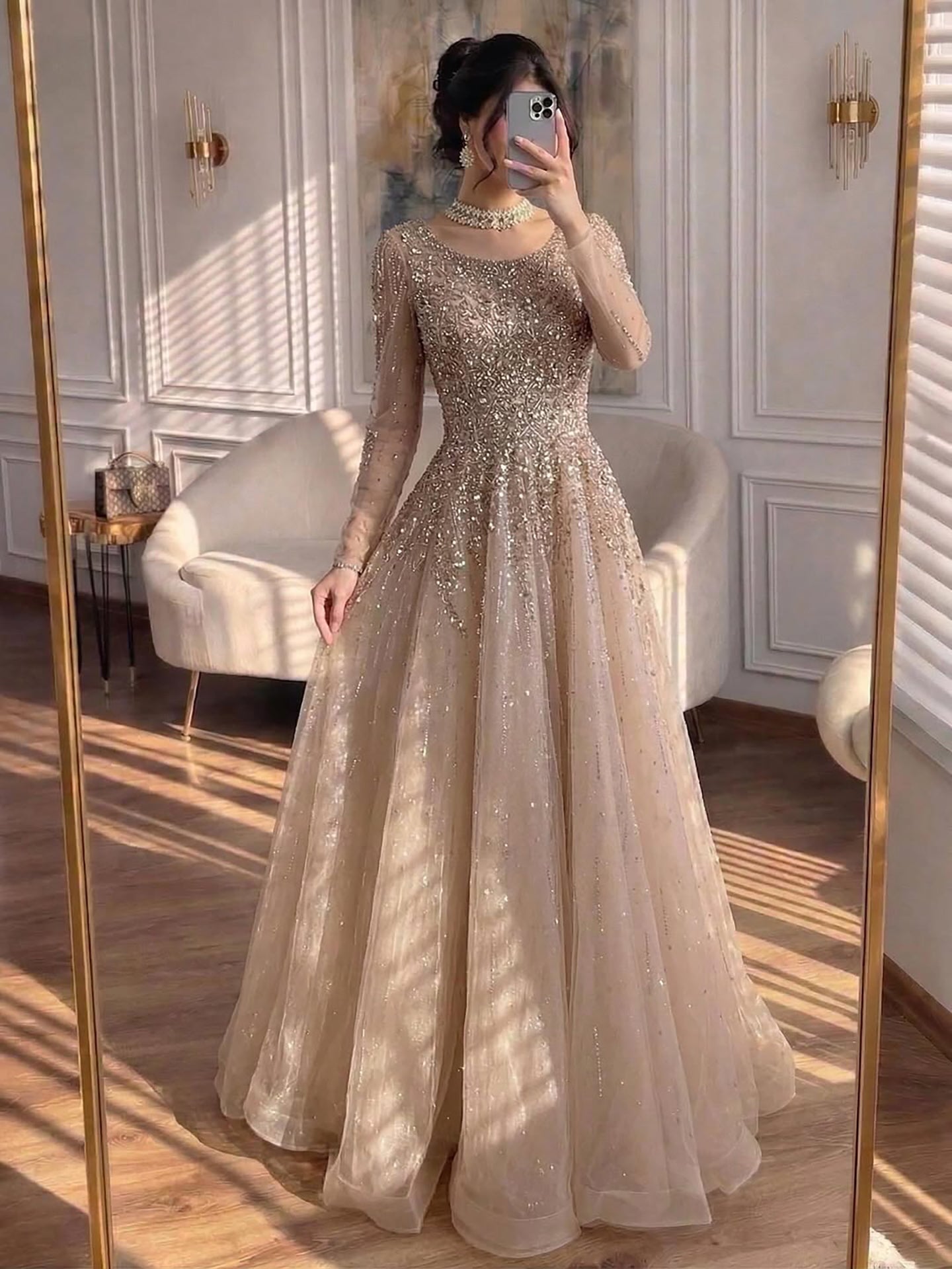 Luxury Nude Long Sleeve Illusion Beaded A-Line Evening Dress LA73269A