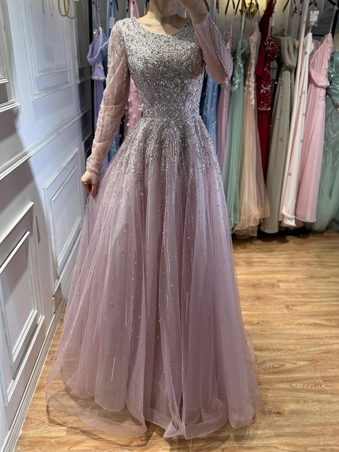 Luxury Nude Long Sleeve Illusion Beaded A-Line Evening Dress LA73269A