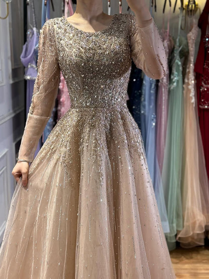 Luxury Nude Long Sleeve Illusion Beaded A-Line Evening Dress LA73269A
