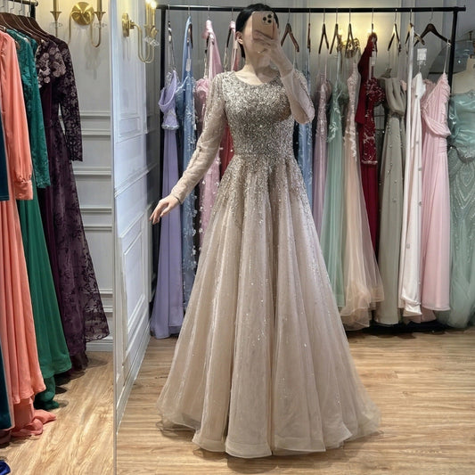 Luxury Caramel Long Sleeves A-Line Evening Dress LA73269A