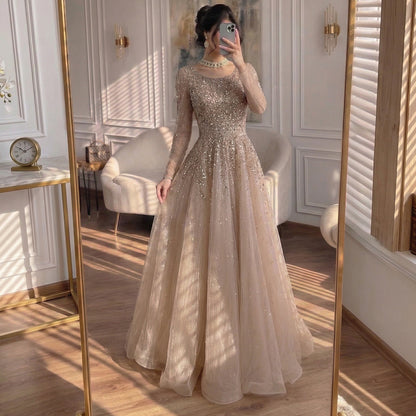 Luxury Caramel Long Sleeves A-Line Evening Dress LA73269A
