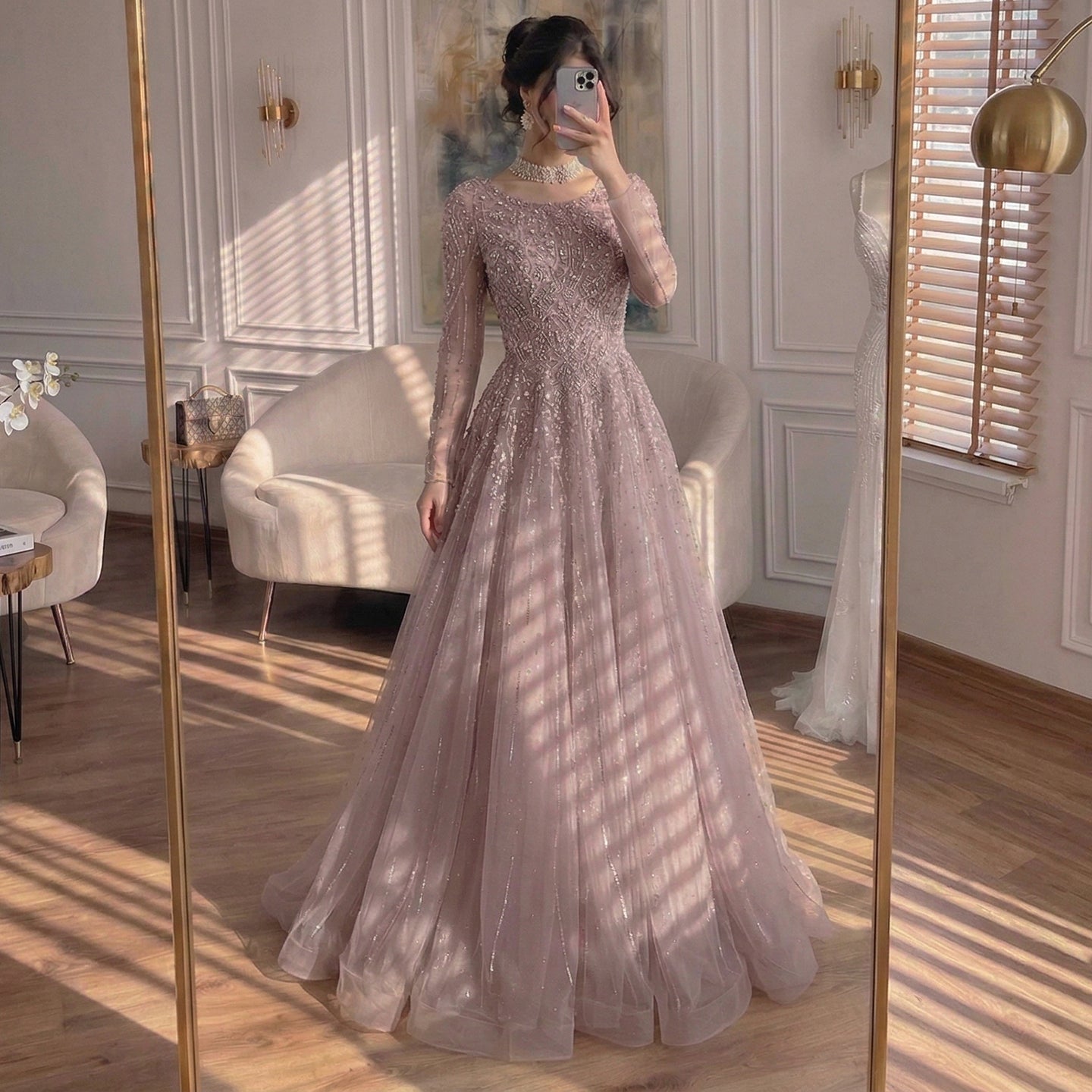 Luxury Caramel Long Sleeves A-Line Evening Dress LA73269A