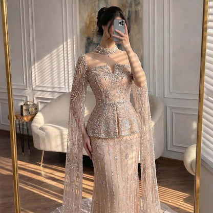 Luxury Nude Dubai Crystal Beaded Evening Dress with Cape LA73274