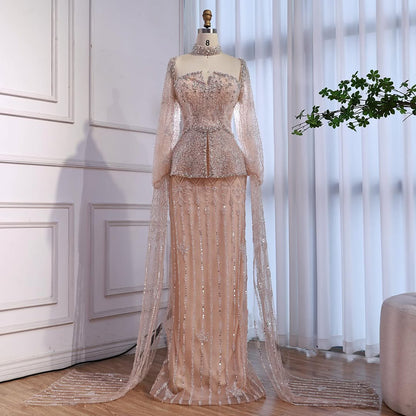 Luxury Nude Dubai Crystal Beaded Evening Dress with Cape LA73274