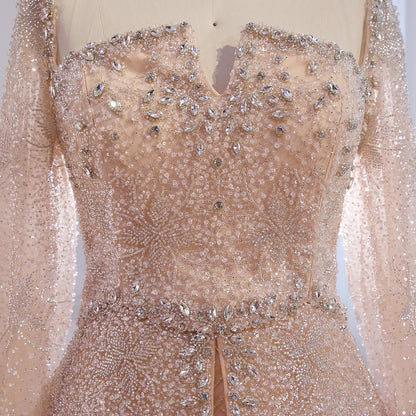 Luxury Nude Dubai Crystal Beaded Evening Dress with Cape LA73274