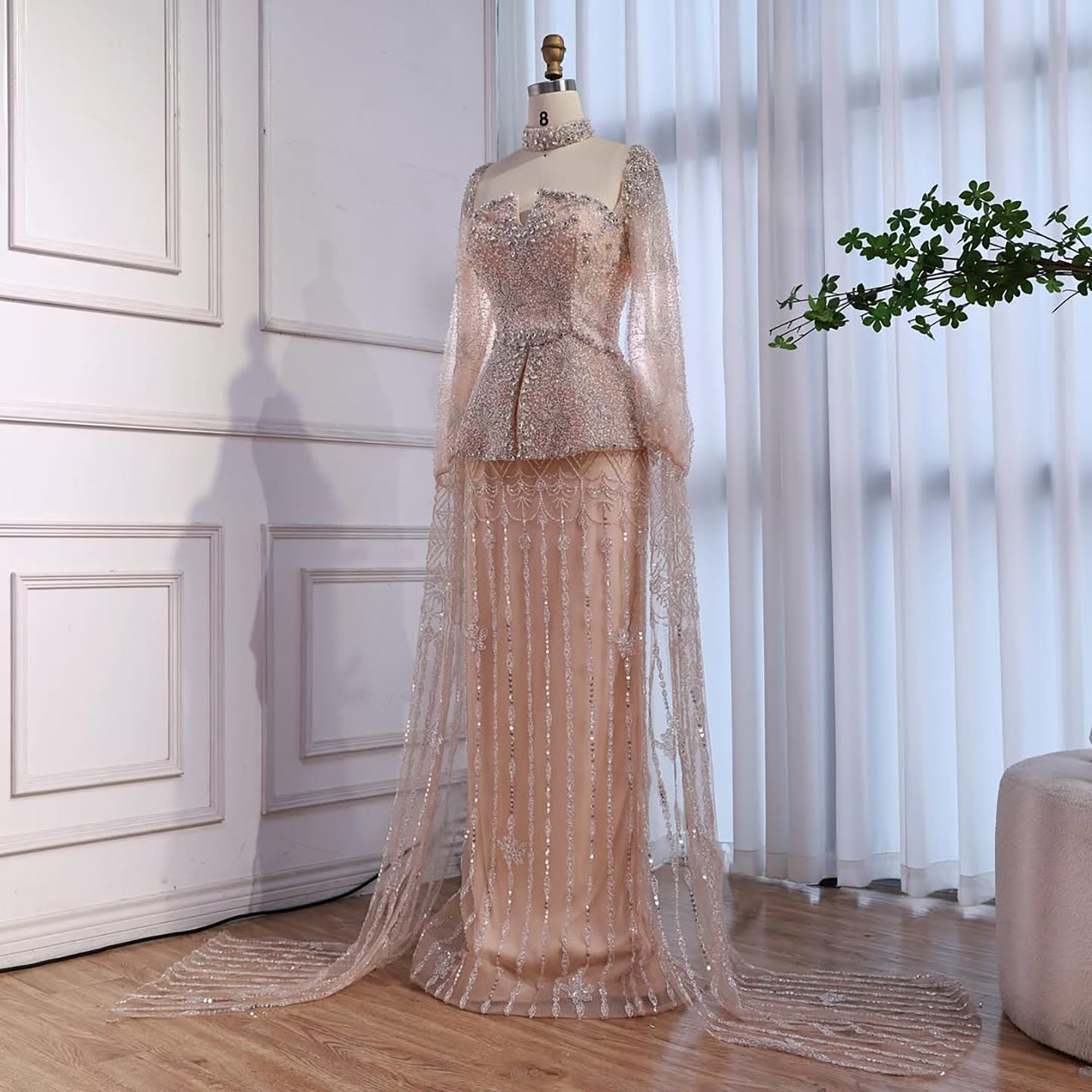 Luxury Nude Dubai Crystal Beaded Evening Dress with Cape LA73274
