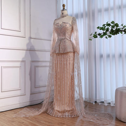 Luxury Nude Dubai Crystal Beaded Evening Dress with Cape LA73274