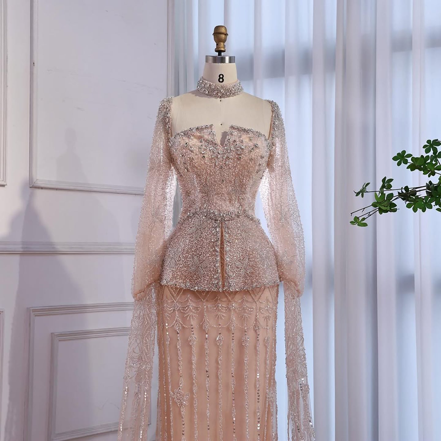 Luxury Nude Dubai Crystal Beaded Evening Dress with Cape LA73274