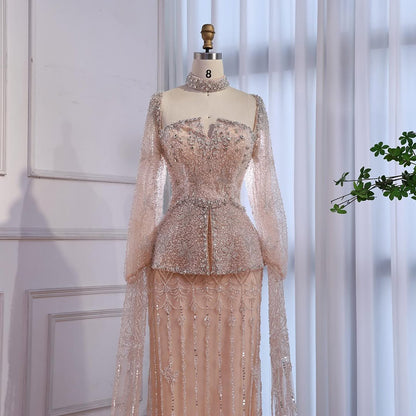 Luxury Nude Dubai Crystal Beaded Evening Dress with Cape LA73274