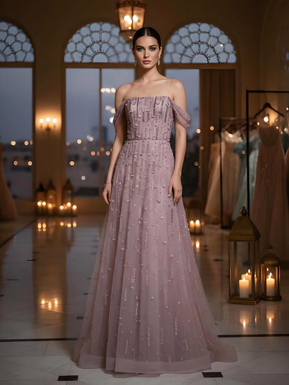 Luxury Arabic Pink Off Shoulder Beaded A-Line Evening Dress LA73326