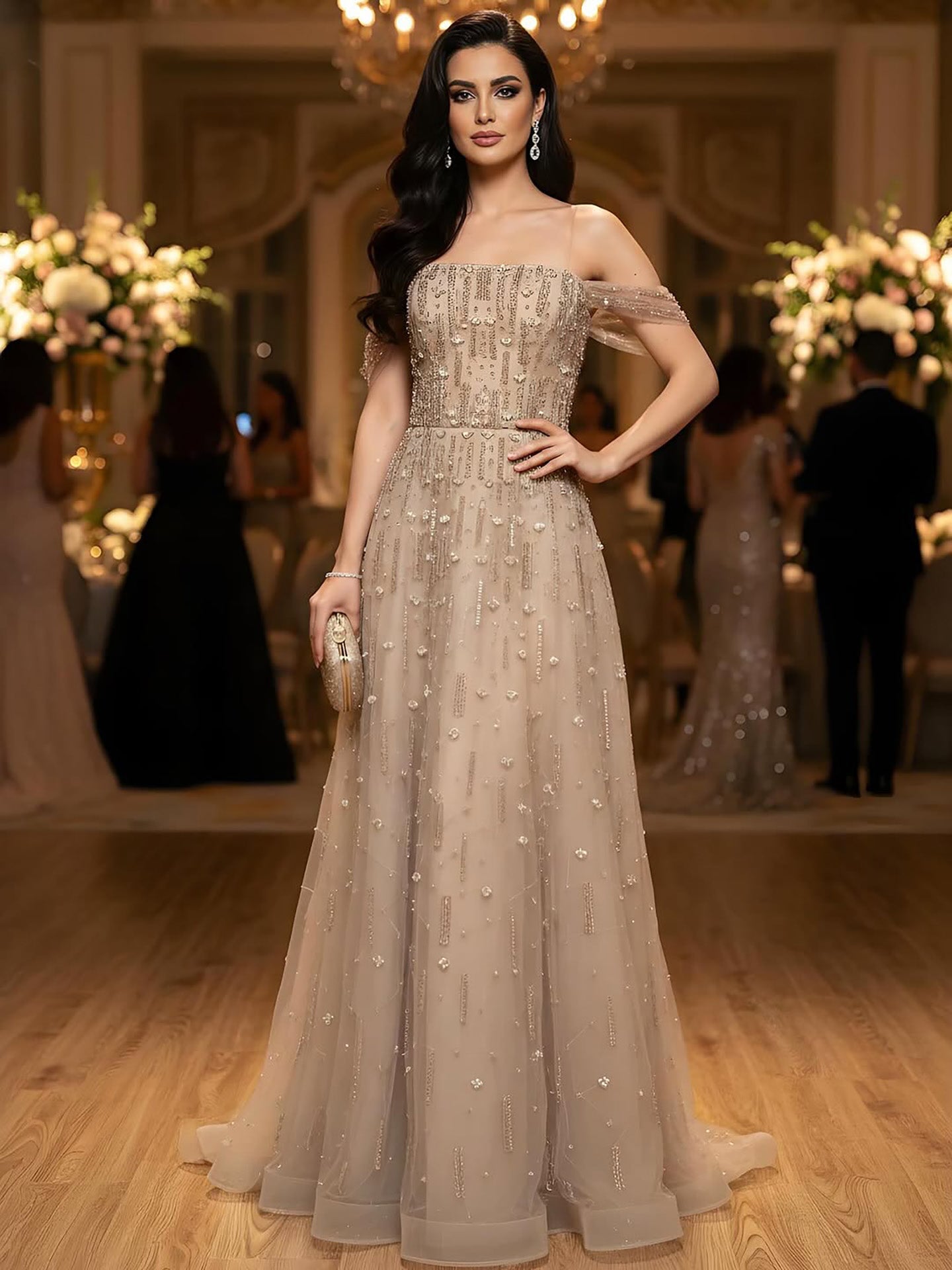 Luxury Arabic Pink Off Shoulder Beaded A-Line Evening Dress LA73326