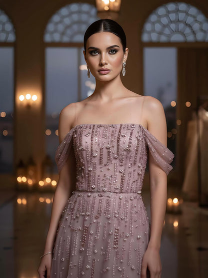 Luxury Arabic Pink Off Shoulder Beaded A-Line Evening Dress LA73326